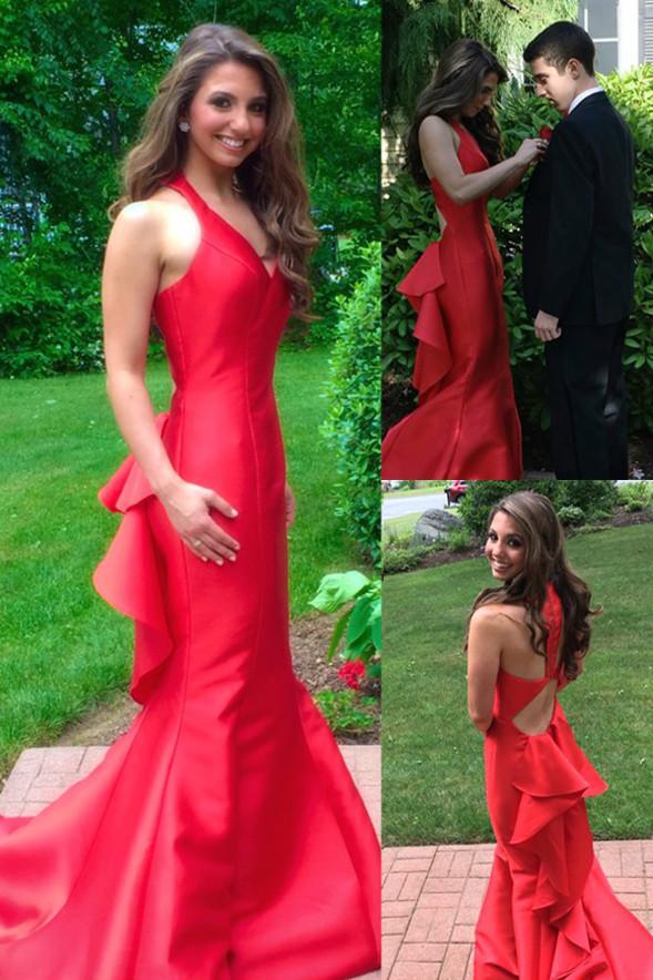 Charming Red Mermaid Long Prom Dress Evening Dress with Cascading Ruffles, MP235