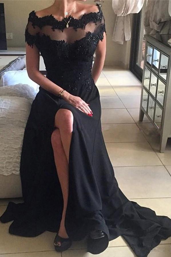 Black Beaded Off Shoulder Short Sleeves Split Prom Dress with Lace, MP284