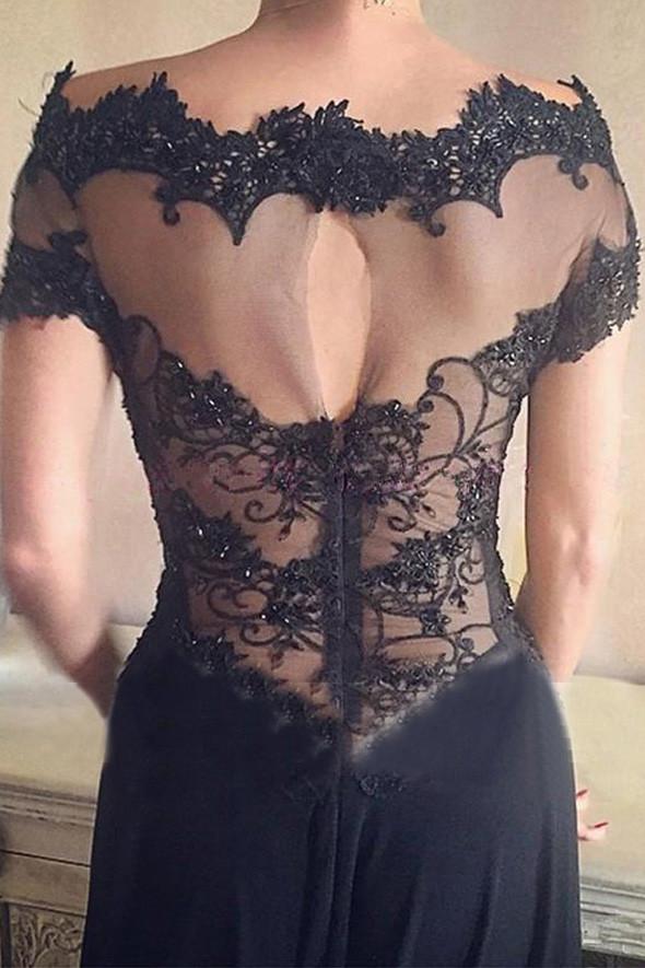Black Beaded Off Shoulder Short Sleeves Split Prom Dress with Lace, MP284|musebridals.com