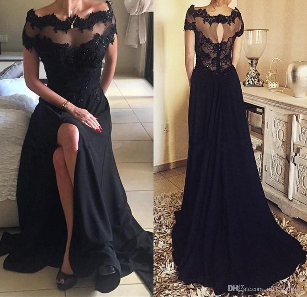 Black Beaded Off Shoulder Short Sleeves Split Prom Dress with Lace, MP284