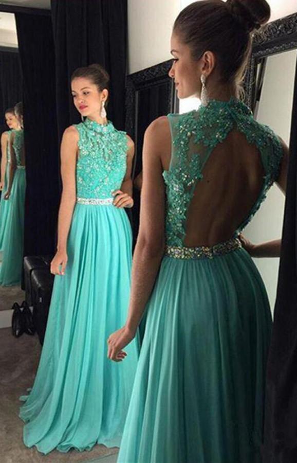 Fabulous Beaded High Neck Backless Turquoise Long Prom Dress with Appliques, MP213
