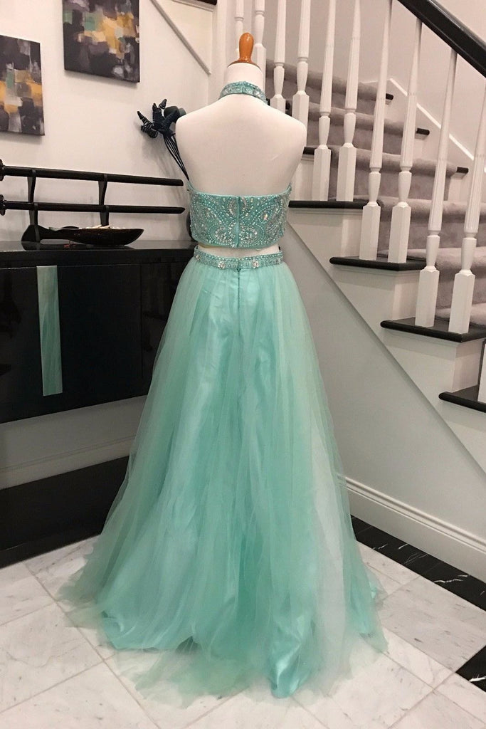 Elegant Two Piece Sky Blue Backless Halter Long Prom Dresses with Beading, MP198