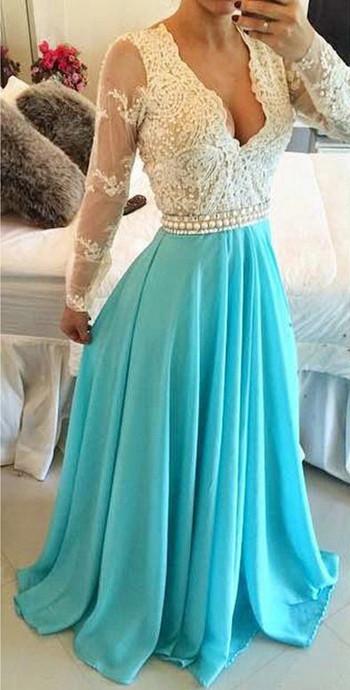 Blue Open Back V-neck Chiffon Prom Dresses, Formal Dress With Long Sleeves, MP136