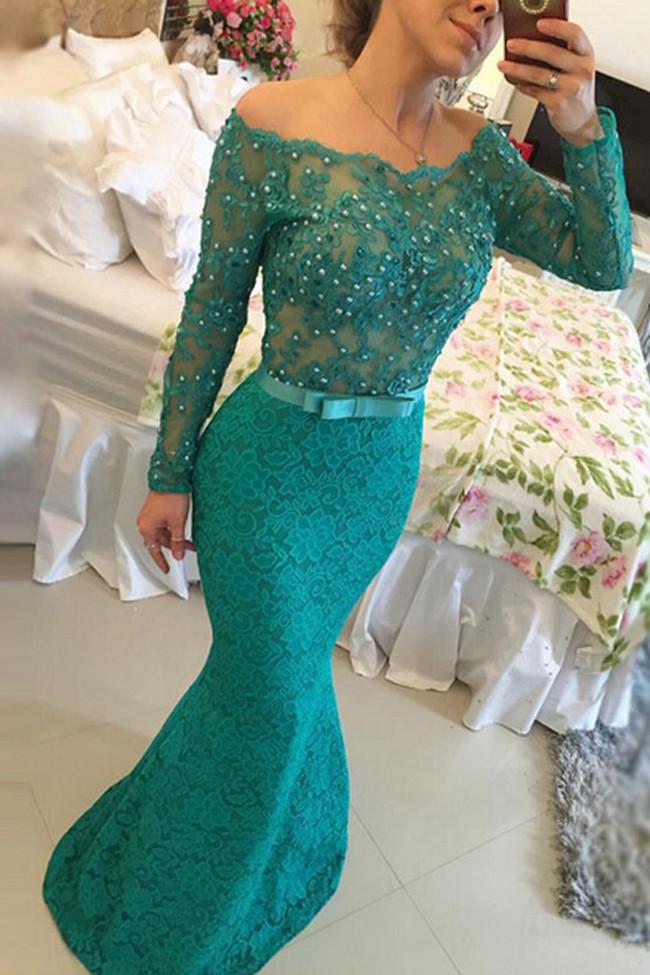 Turquoise Lace Floor-Length Off Shoulder Long Sleeves Prom Dress with Pearls, MP188