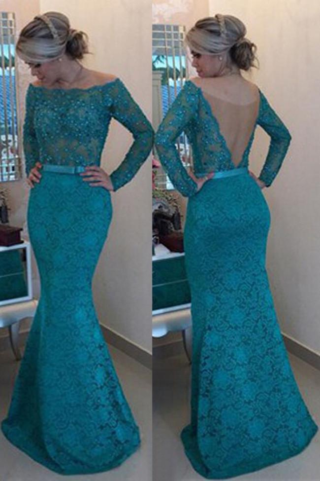 Turquoise Lace Floor-Length Off Shoulder Long Sleeves Prom Dress with Pearls, MP188 at musebridals.com