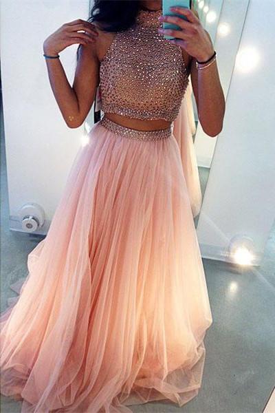 Two Piece A-Line High Neck Sleeveless Long Prom Dress with Beading, MP261