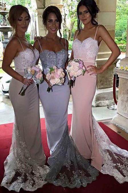 Gorgeous Spaghetti Mermaid Lace Long Bridesmaid Dresses with Sweep Tra ...