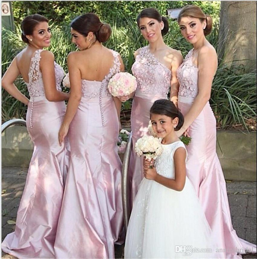 Gorgeous Pink Mermaid One Shoulder Long Bridesmaid Dresses with Lace, MB161