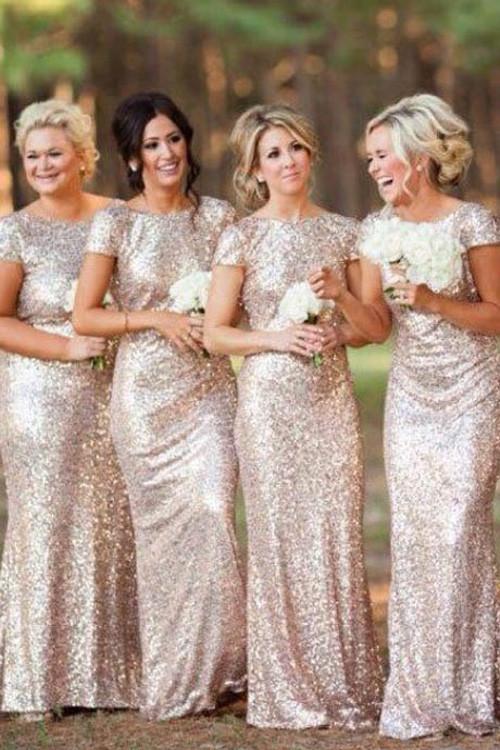 Shinny Golden Sequins Cap Sleeve Sheath Bateau Neck Bridesmaid Dresses, MB196