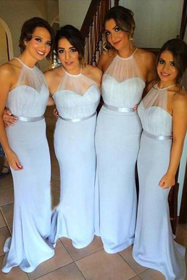 Sky Blue Newest Bridesmaid Dresses, Mermaid Halter Bridesmaid Dresses