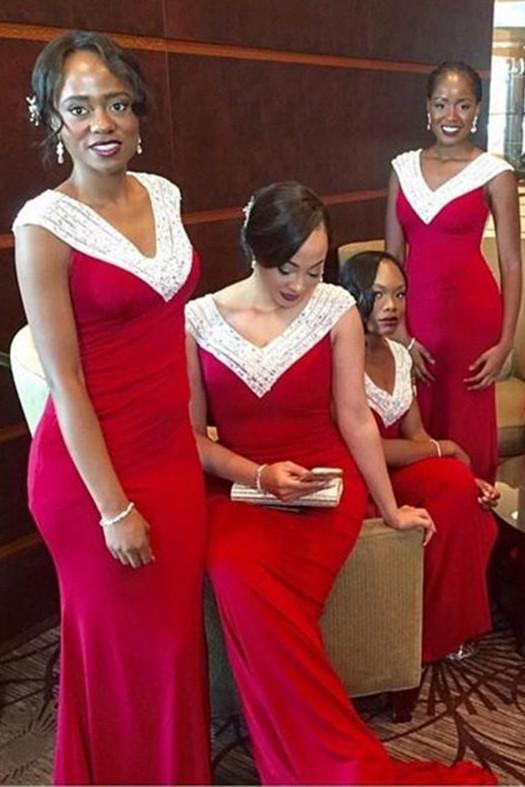 Elegant Red Cap Sleeves V-neck Mermaid Bridesmaid Dress with Beading, MB141