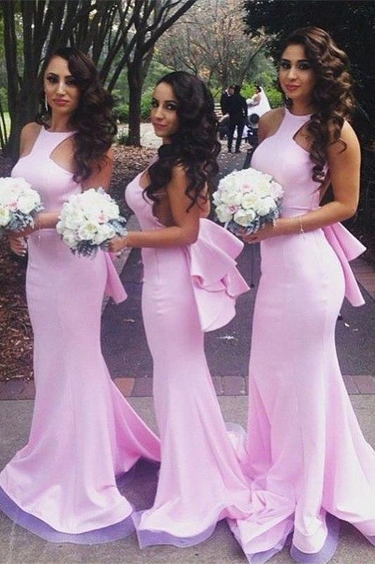 Fabulous Pink Halter Mermaid Open Back Bridesmaid Dresses with Ruffles, MB162