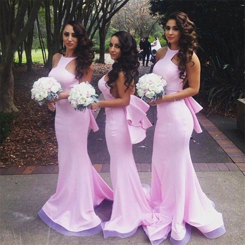 Fabulous Pink Halter Mermaid Open Back Bridesmaid Dresses with Ruffles, MB162|musebridals.com