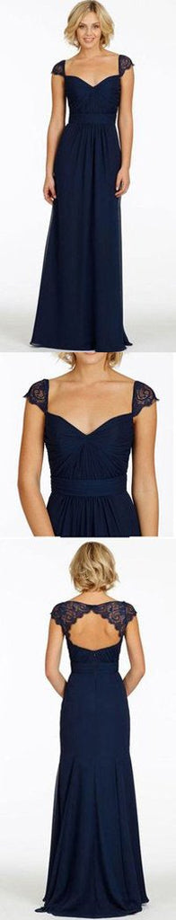 Navy Blue Cap Sleeve Chiffon Lace Backless Sweetheart Bridesmaid Dresses, MB181|musebridals.com