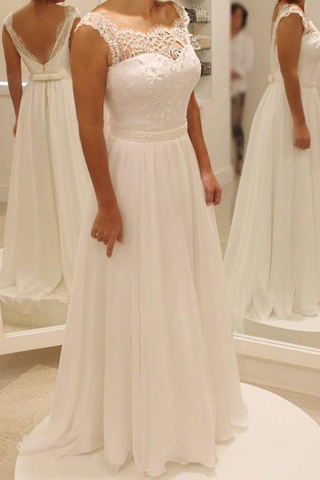 Fabulous Chiffon Lace Cap Sleeve Beach Wedding Dresses, Cheap Bridal Dresses, MW101