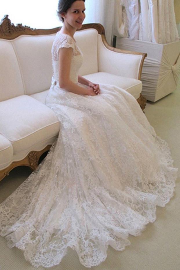 Affordable Cap Sleeve Lace A Line Wedding Dresses, Long Wedding Gowns, Bridal Dress, MW113