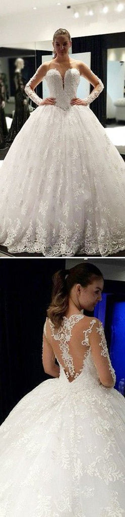 Fabulous Affordable Lace Ball Gowns Long Sleeve Scoop Neck Wedding Dresses, MW108