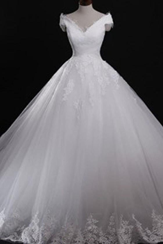 White Lace Classic Style Off Shoulder Lace Up Vantage Wedding Dress, MW186