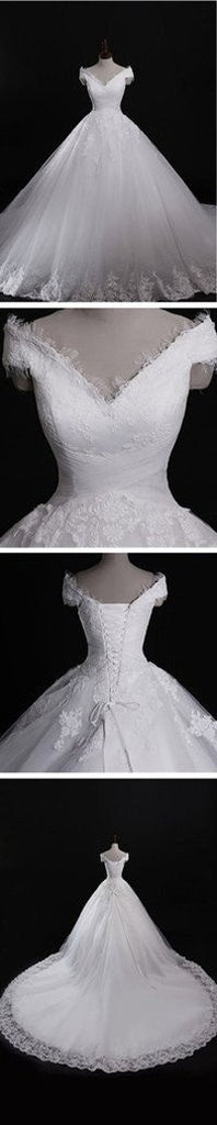White Lace Classic Style Off Shoulder Lace Up Vantage Wedding Dress, MW186
