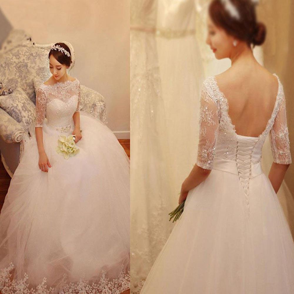 White Lace Tulle Half Sleeve Wedding Dresses with Beading, Bridal Gowns, MW159