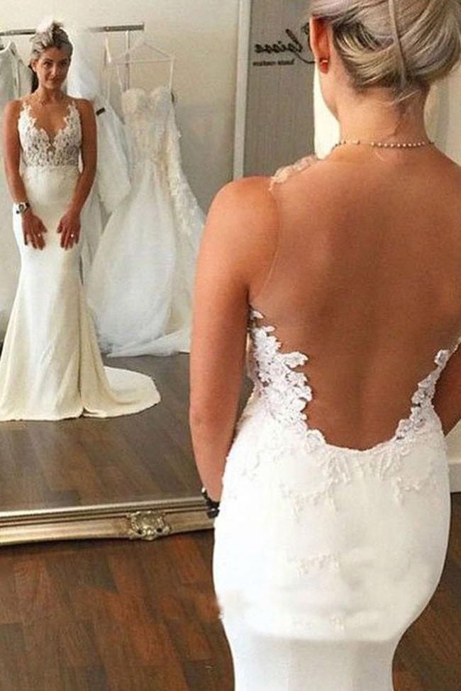 White Lace See Through Mermaid Open Back Wedding Dresses, MW203
