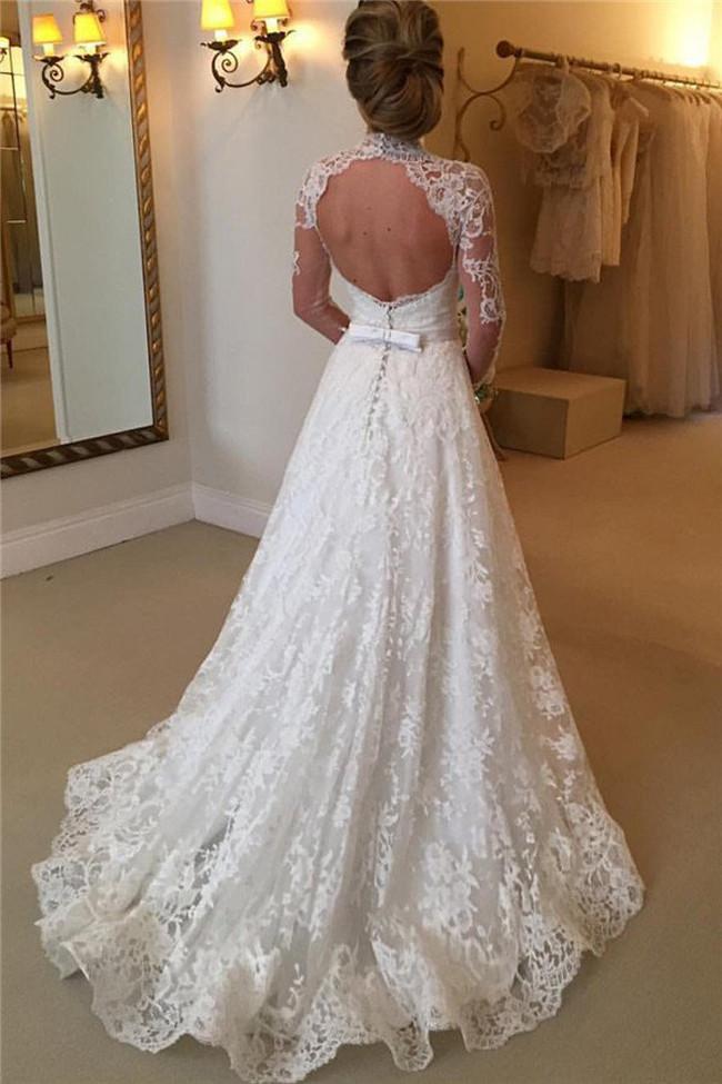 High Neckline Lace A line Long Sleeve Open Back Wedding Dress, Bridal Dresses, MW166|musebridals.com