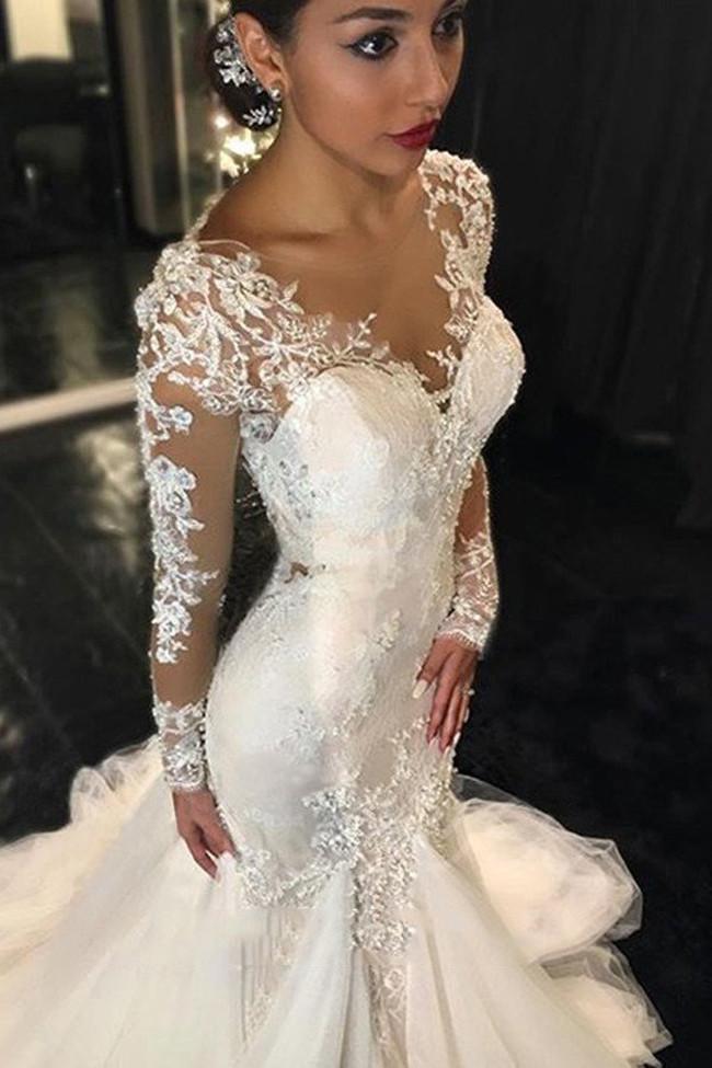White Long Sleeve Lace See Through Wedding Dress, Elegant Bridal Dresses, MW189|musebridals.com