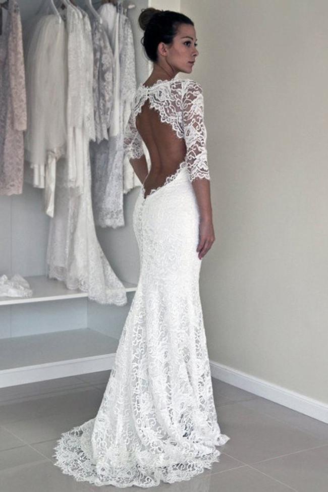 White Lace Open Back Long Sleeve Mermaid Long Wedding Dresses, MW187
