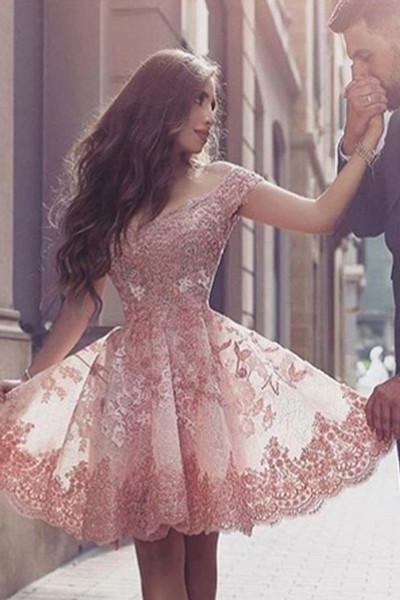 Charming Blush Off Shoulder Homecoming Dresses with Appliques, MH207
