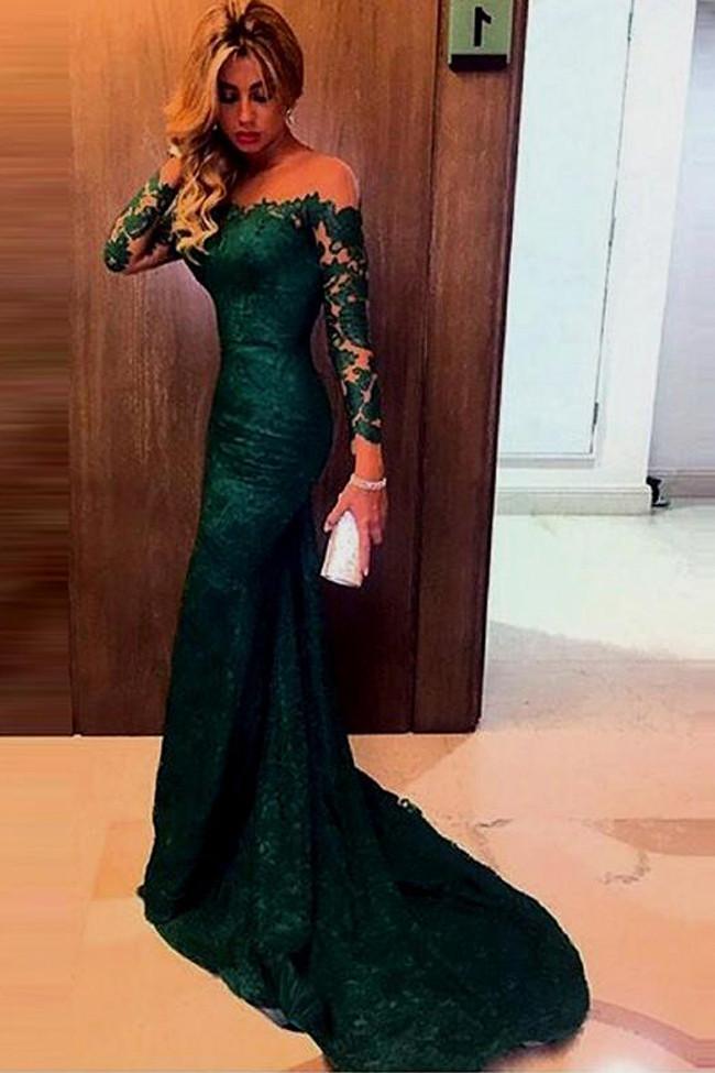Fabulous Lace Mermaid Dark Green Long Sleeve Off-shoulder Long Prom Dress, MP197