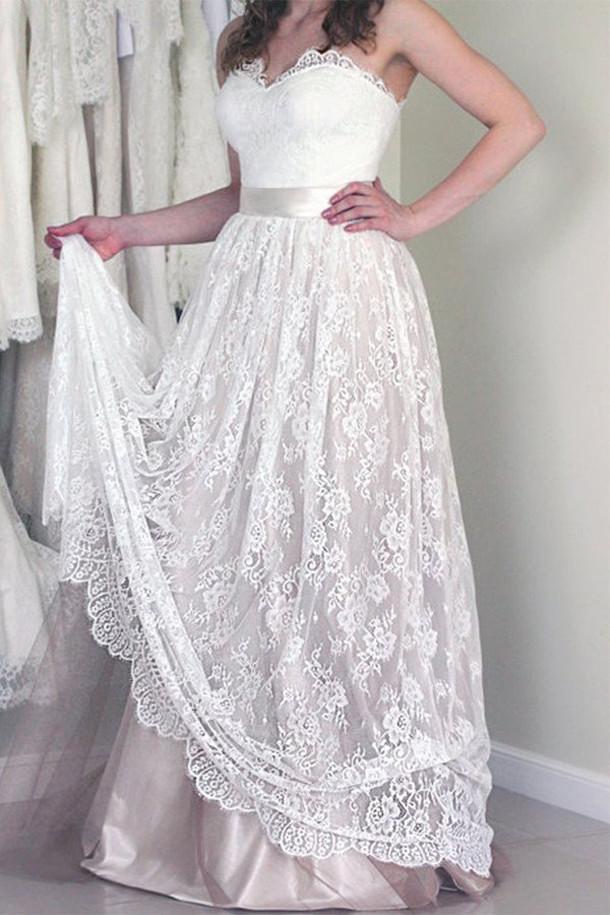 Lace A line Sweetheart Neckline Strapless Wedding Dresses, Cheap Bridal Dresses, MW178|musebridals.com