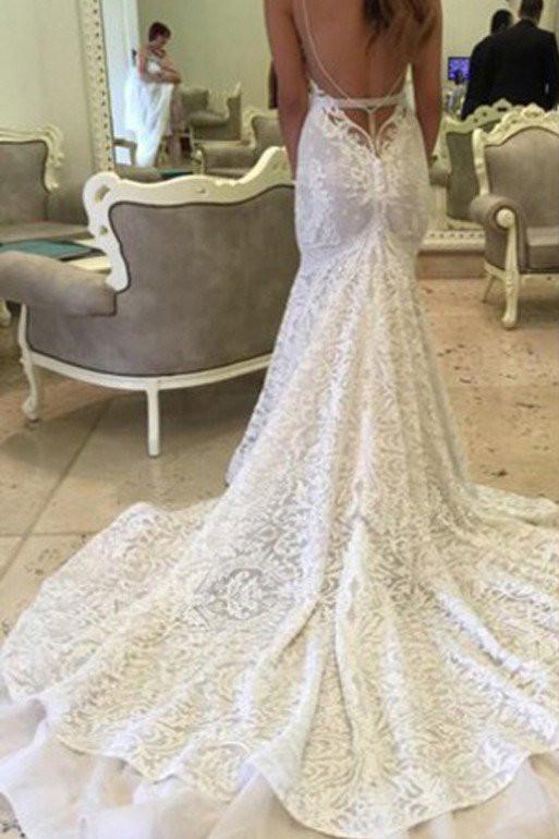 White Sweetheart Lace Mermaid Spaghetti Open Back Wedding Dresses, MW259