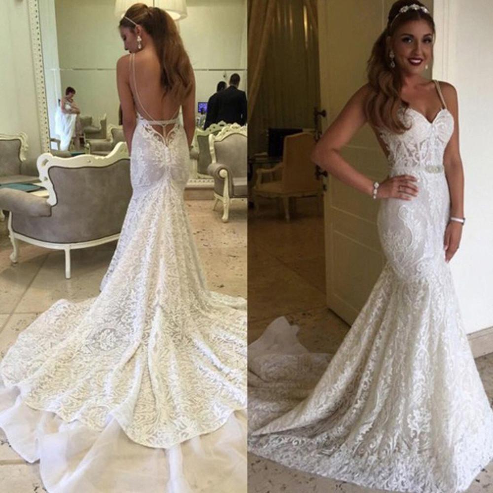 musebridals.com offer White Sweetheart Lace Mermaid Spaghetti Open Back Wedding Dresses, MW259