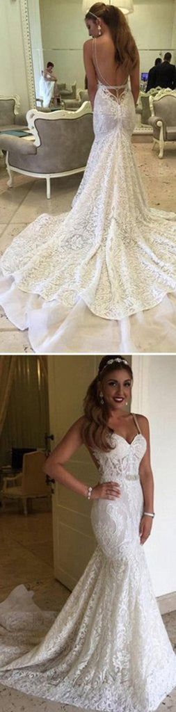 White Sweetheart Lace Mermaid Spaghetti Open Back Wedding Dresses, MW259|musebridals.com