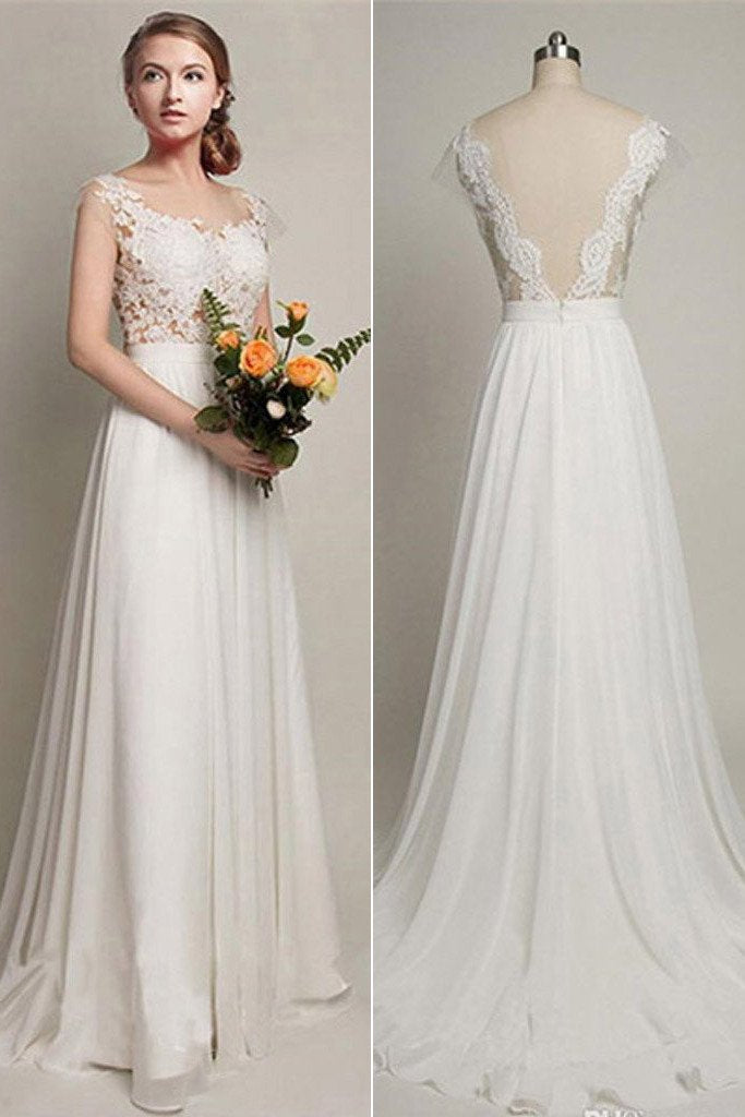 Chiffon A-Line V-back Wedding Party Dresses, Simple Lace Long Wedding Dress, MW131