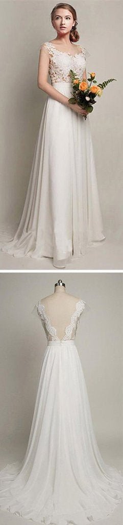 Chiffon A-Line V-back Wedding Party Dresses, Simple Lace Long Wedding Dress, MW131