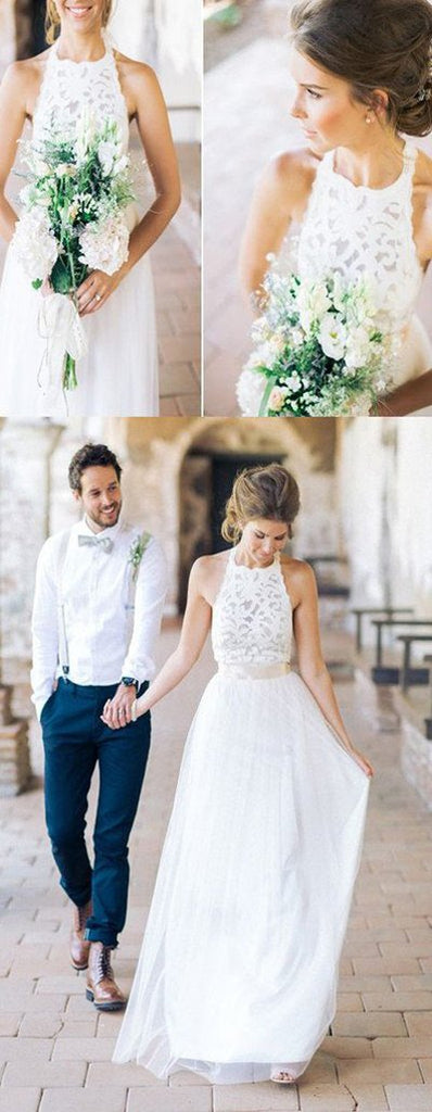 musebridals.com offer Simple White Halter Lace Long Sheath Beach Wedding Dresses Bridal Dresses, MW241