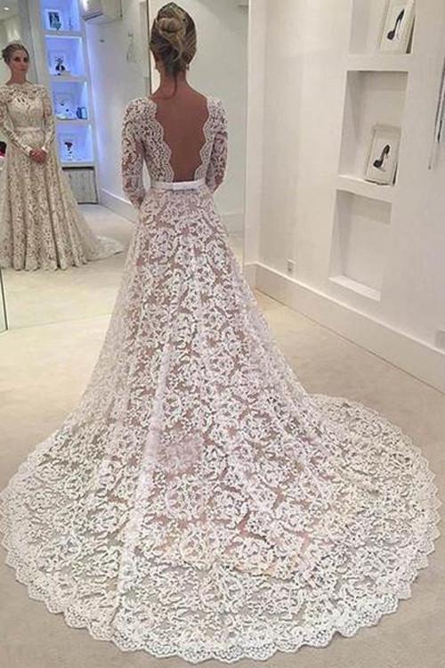 White Lace Backless A line Long Sleeve Long Wedding Dresses, Bridal Dresses, MW190