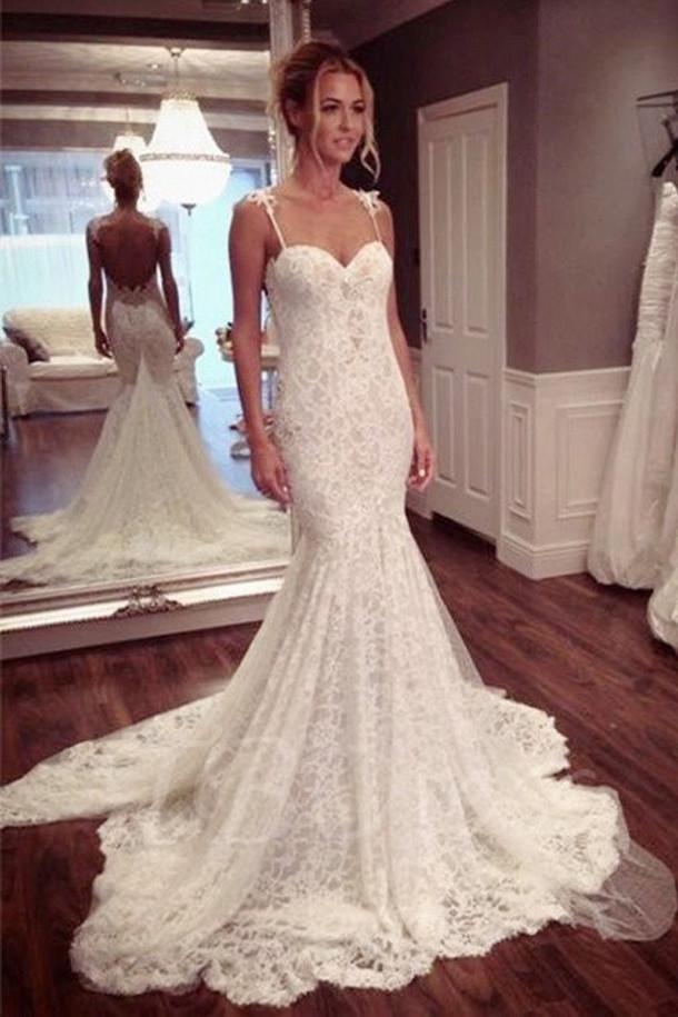 White Spaghetti Straps Mermaid Backless Lace Wedding Dresses, Bridal Gown, MW102