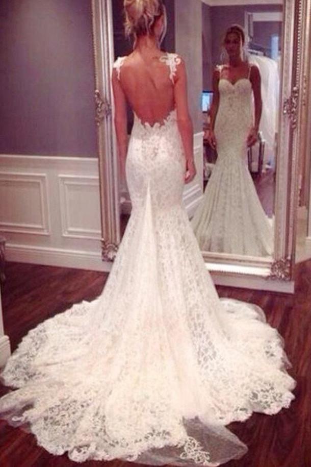 White Spaghetti Straps Mermaid Backless Lace Wedding Dresses, Bridal Gown, MW102 at musebridals.com