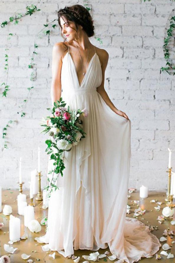Chiffon Backless Cheap White Long Wedding Gowns, Beach Wedding Dresses, MW128
