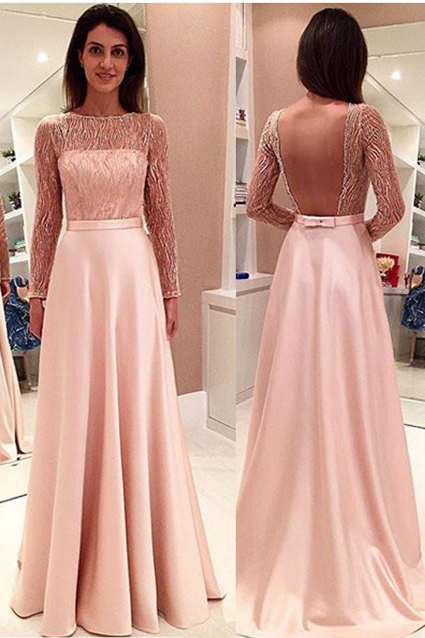 Glamorous Long Sleeve Lace A-line Stain Backless Prom Dresses Evening Dress, MP226